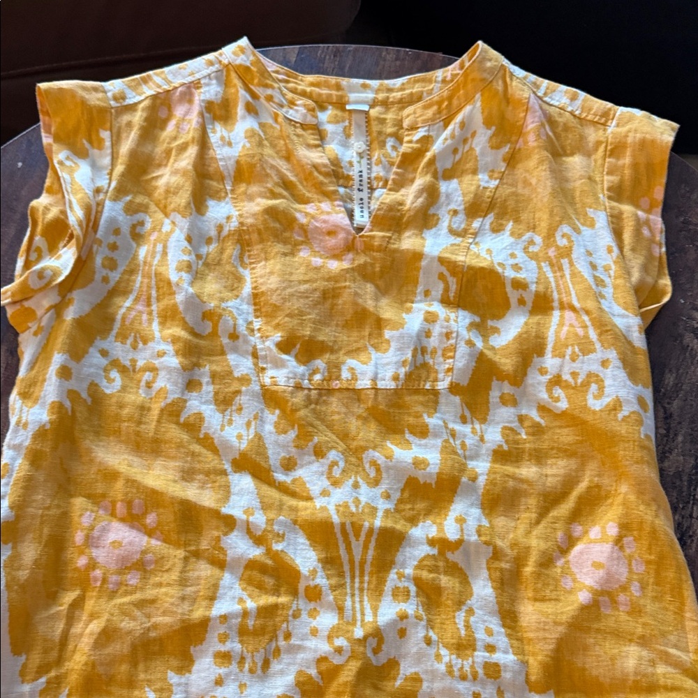 Uncle Frank Mustard and Cream cap sleeve linen dress. Sz S.